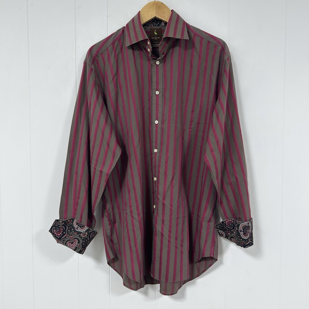 Tailorbyrd Men’s Large Brown Pink Striped Cotton Dress Shirt Long Sleeve